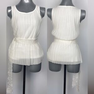 White ruffle loose fit neutrals office formal belted pleated blouse size small